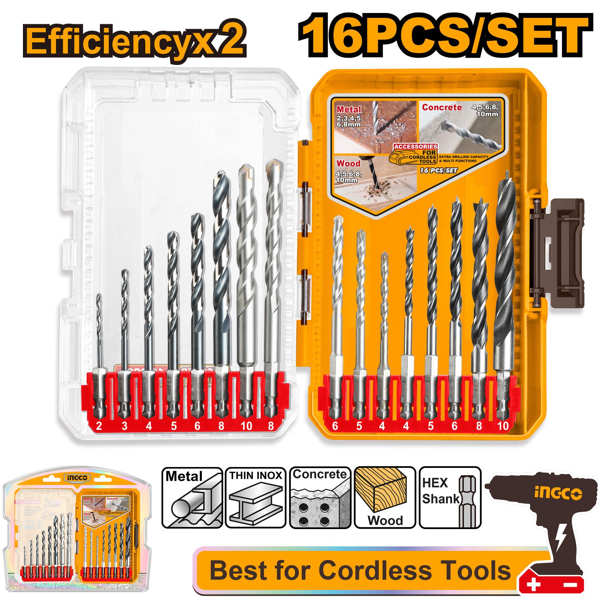 Conjunto de brocas INGCO AKDL11608, 16 peças para metal, alvenaria e madeira