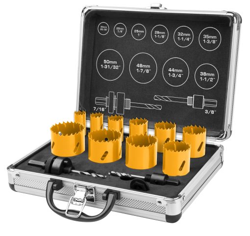 Conjunto de serras copo bimetálicas Ingco com 12 peças e estojo AKH0121 ING-AC
