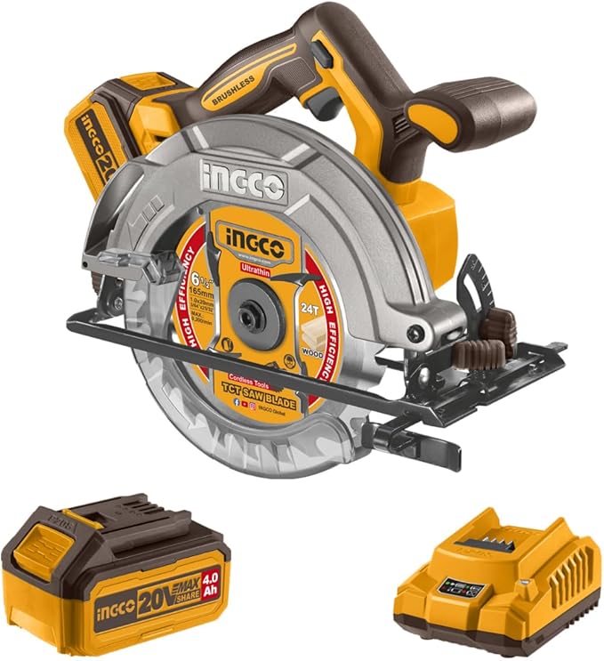 Serra circular sem fio INGCO 20V de 165 mm com motor sem escovas, 5200 RPM, profundidade máxima de corte de 55 mm (90°). Ferramenta de corte potente e eficiente com 1 bateria de 4,0 Ah e carregador CSLI16521