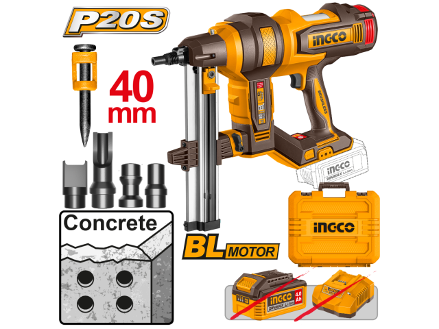 INGCO CCNLI9005 20V 40MM PREGADOR DE CONCRETO ALIMENTADO POR BATERIA SEM BATERIA E CARREGADOR, ACESSÓRIOS E ESTOJO