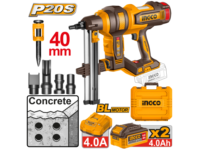 CLAVADORA P/CONCRETO A BATERIA 20V 40MM BRUSHLESS C/ 2 BAT 4.0AH + CARGADOR + ACCESORIOS + VALIJA INGCO CCNLI9008