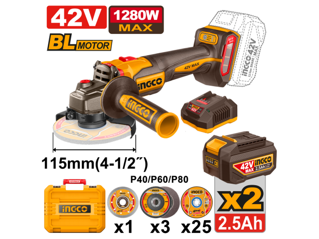 ESMERILHADORA ANGULAR 42V 115MM SEM ESCOVAS ALIMENTADA POR BATERIA COM ACESSÓRIOS + 2 BATERIAS DE 2,5AH + CARREGADOR + ESTOJO INGCO CAGLI4128112