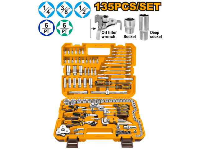 Conjunto de ferramentas combinadas de 135 peças com soquetes, chaves, brocas e acessórios em uma caixa de plástico INGCO HKTHP21351